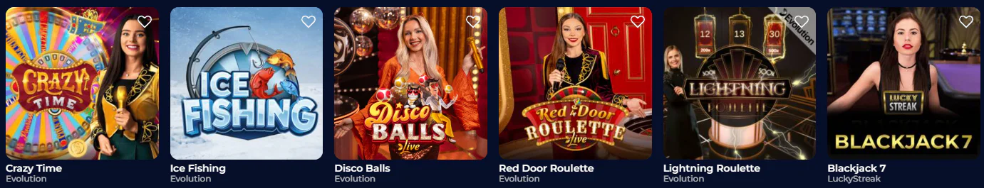 Ninewin Casino live games featuring Crazy Time, Ice Fishing, Disco Balls, Red Door Roulette, Lightning Roulette and Blackjack 7