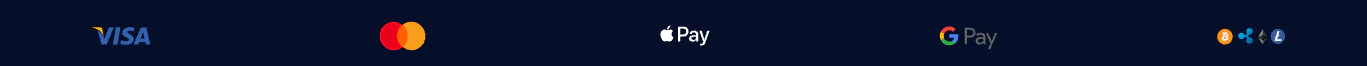 Ninewin Casino payment methods featuring Visa, Mastercard, Apple Pay, Google Pay, Bitcoin, Ripple, Ethereum and Litecoin