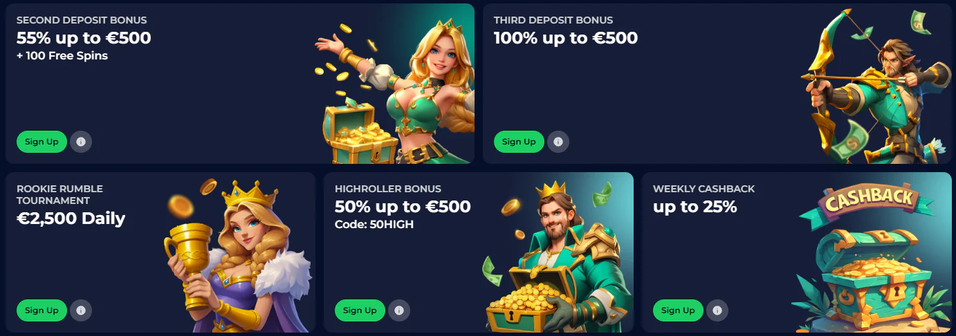 Ninewin Casino promotions featuring second and third deposit bonuses, Rookie Rumble tournament, Highroller Bonus and weekly cashback up to 25%