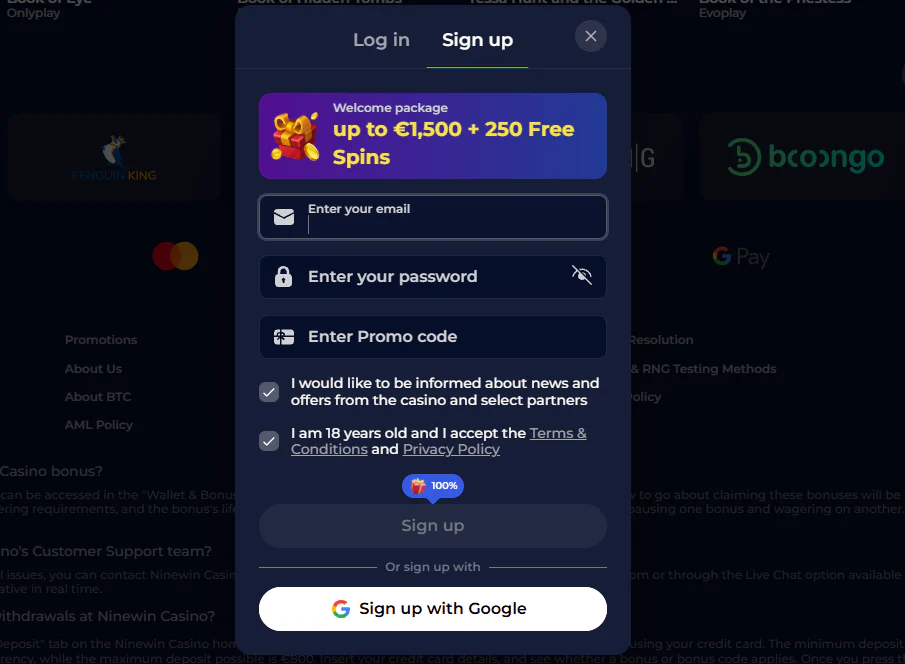 Ninewin Casino registration form featuring a welcome bonus up to €1,500 plus 250 free spins, email and password fields, promo code and Google sign-up option