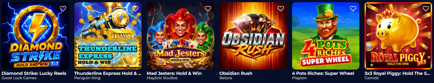 Ninewin Casino slot games featuring Diamond Strike: Lucky Reels, Thunderline Express, Mad Jesters, Obsidian Rush, 4 Pots Riches and Royal Piggy