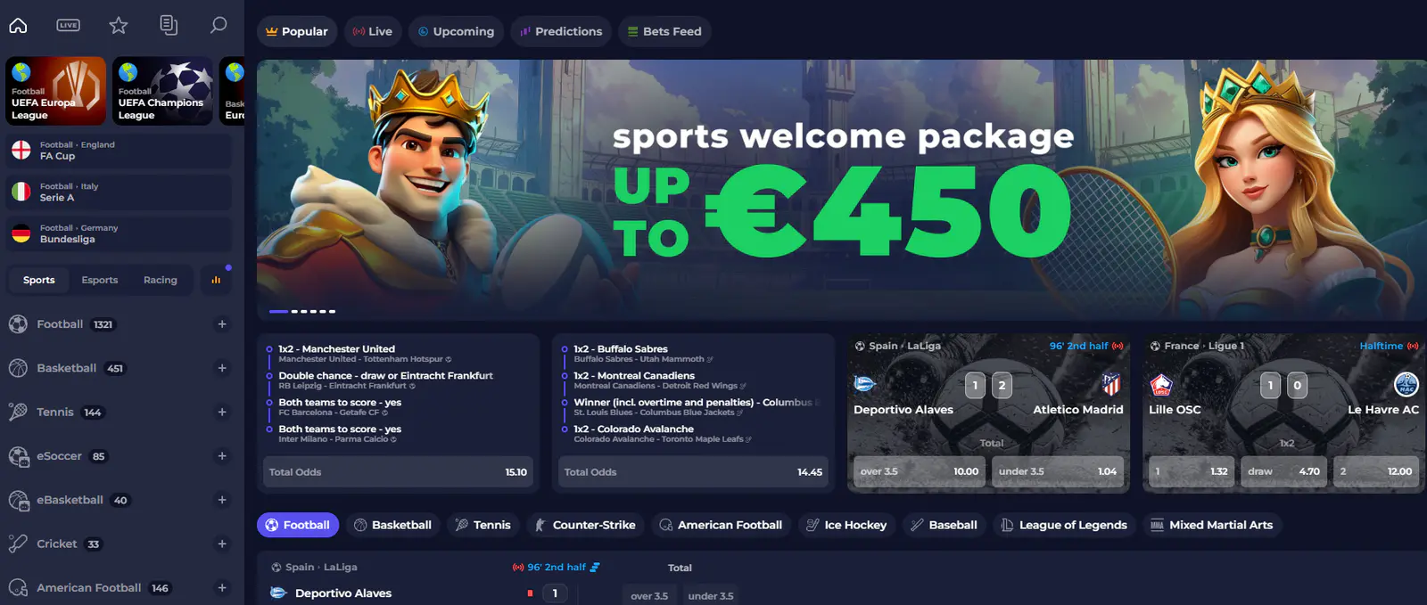 Ninewin Casino sportsbook showing a €450 welcome package, live football betting, match odds and sports including basketball, tennis and esports